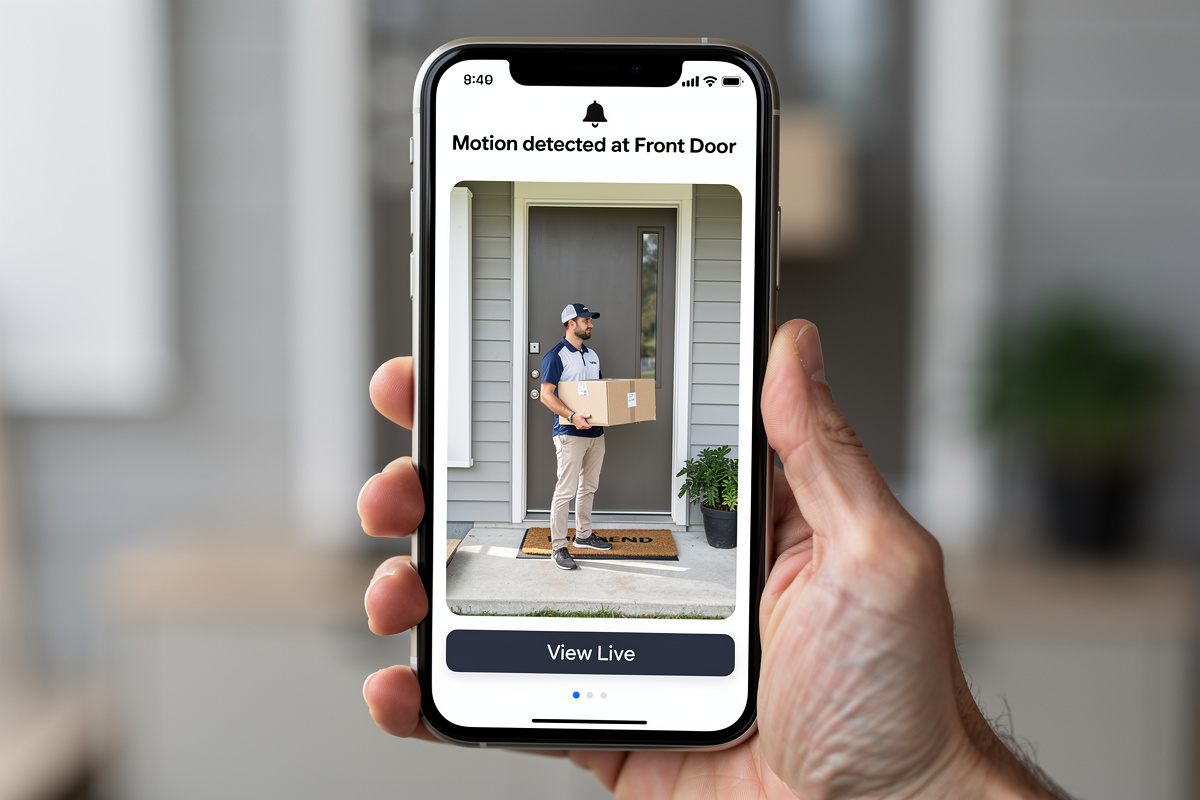 Smart doorbell app notification showing package delivery on smartphone