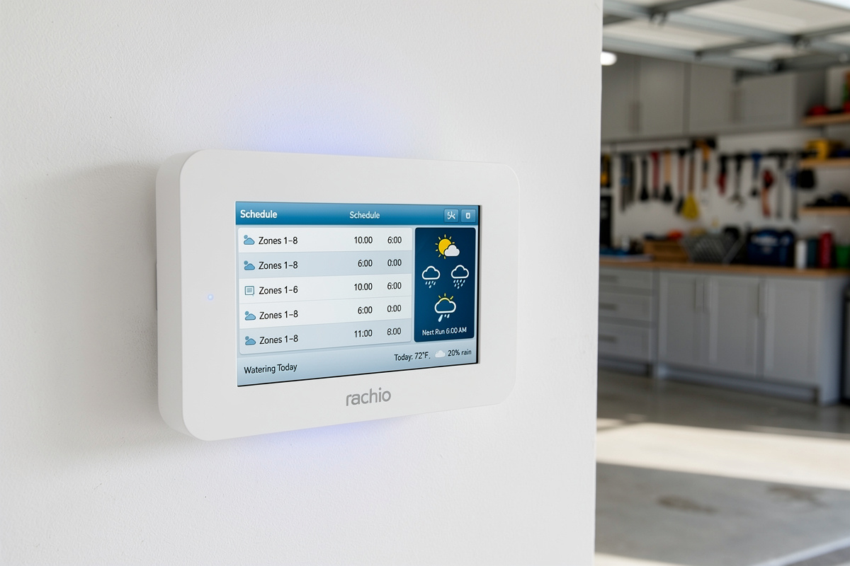 Person installing smart sprinkler controller with color-coded wire connections