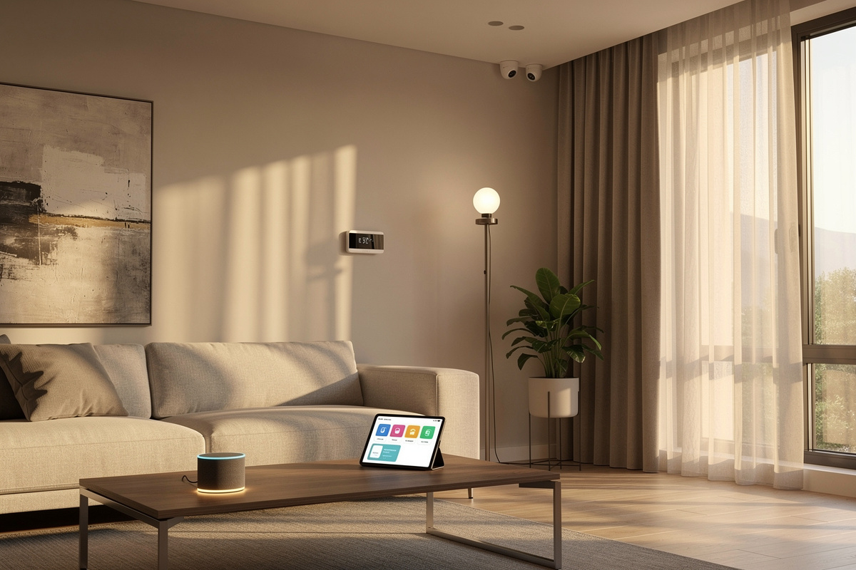 Modern living room with automated curtains and smart home devices