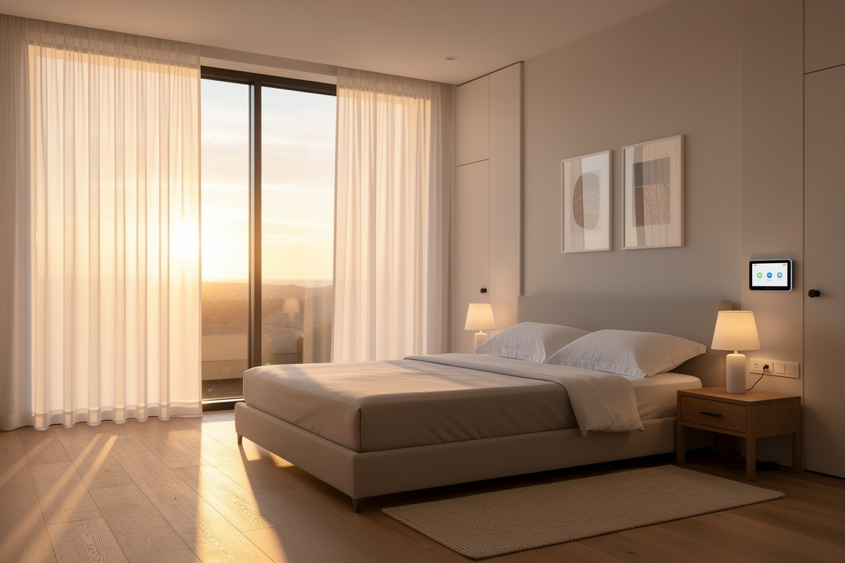 Smart curtains automatically opening at sunrise in modern bedroom