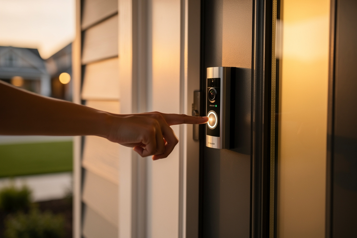 Smart video doorbell on modern front door at evening with warm porch lighting