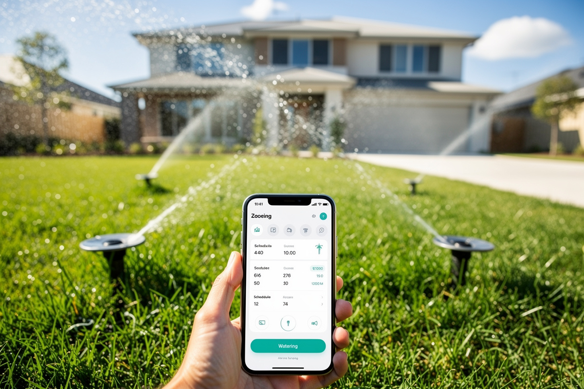 Smart sprinkler system watering a lush green lawn with smartphone app control