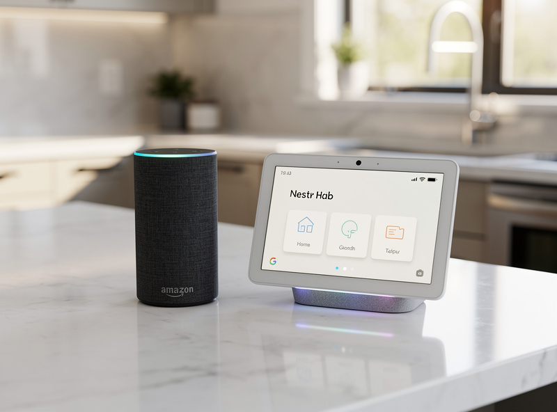 Amazon Echo and Google Nest Hub side by side on kitchen counter