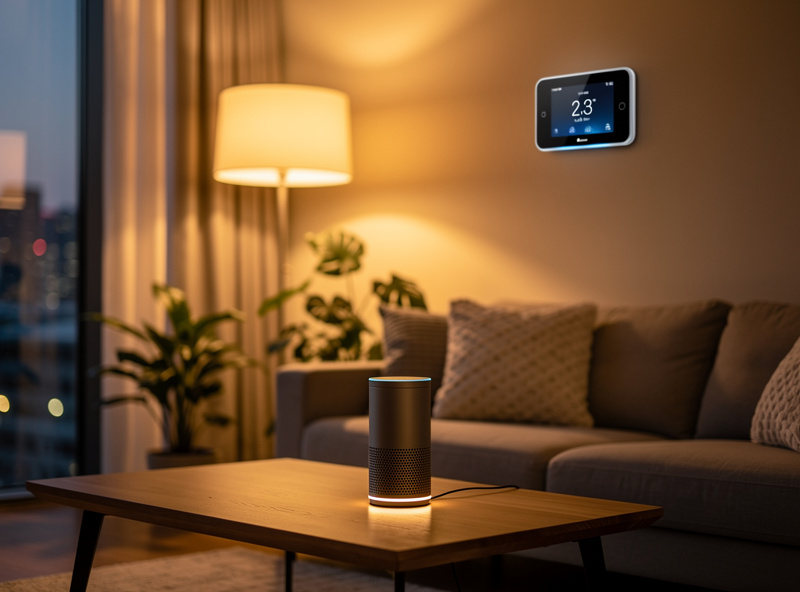 Smart home voice assistant controlling lights and thermostat in modern living room