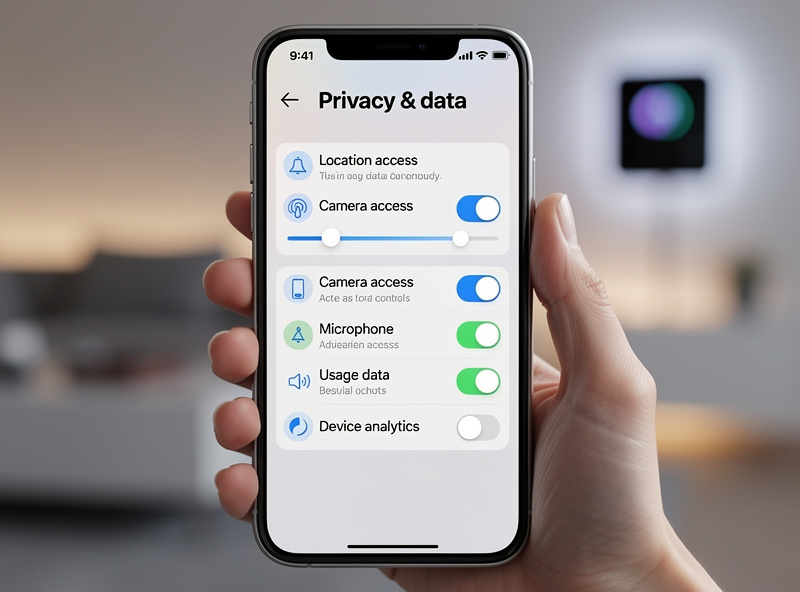 Smart home privacy settings on smartphone showing data controls