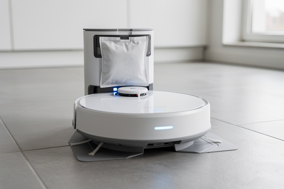 Robot vacuum docked in self-emptying base station with dust bag compartment open and LED indicators glowing