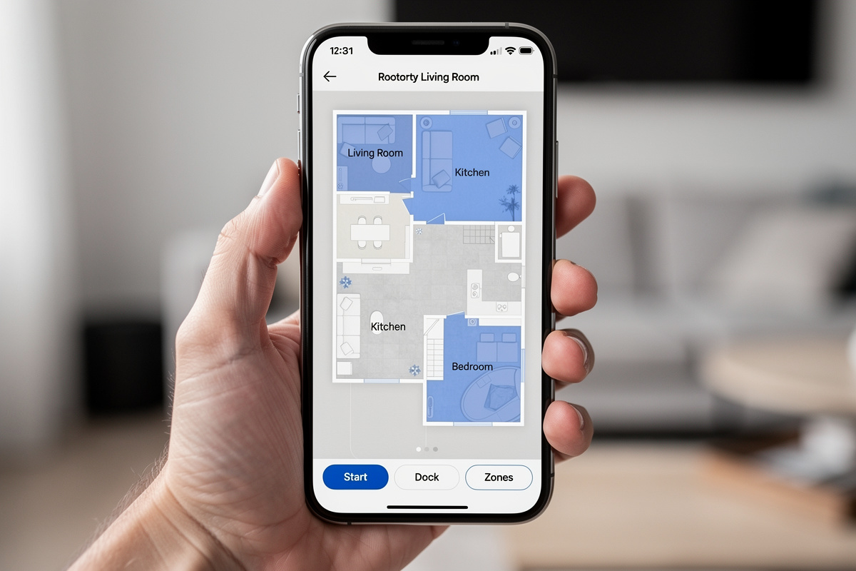 Smartphone displaying robot vacuum app with LiDAR floor map showing cleaned areas and room labels