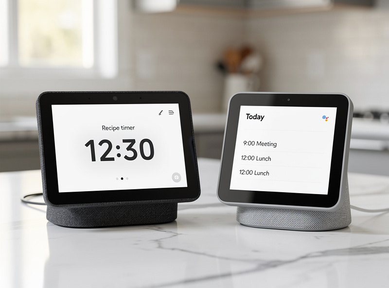 Echo Show 8 and Google Nest Hub side by side on a kitchen counter with recipe and timer visible
