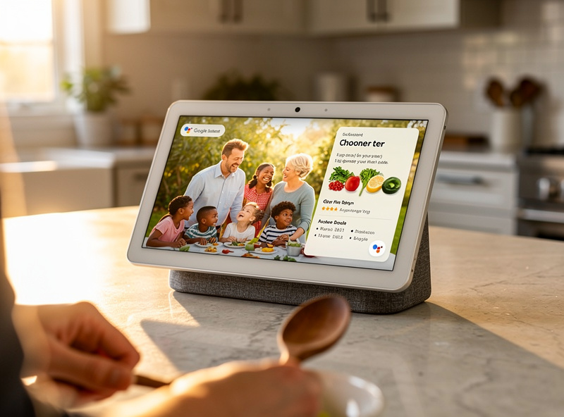 Google Nest Hub Max showing kitchen recipe with Google Assistant ambient mode