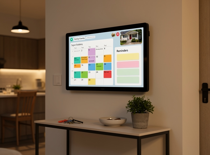 Echo Show 15 wall-mounted in kitchen showing family calendar, security camera feed, and recipe in dashboard view