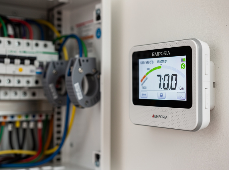 Smart electricity monitor with CT clamps installed in residential electrical panel showing real-time energy consumption