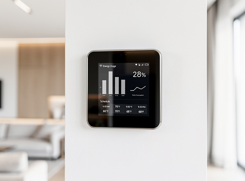 Smart thermostat displaying energy usage statistics and temperature schedule in modern home