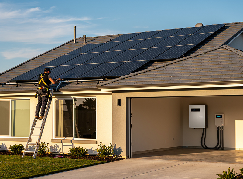 Residential solar panel installation with battery storage unit for smart home energy management