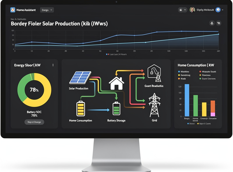Home Assistant energy dashboard showing solar production, battery state of charge, and energy flow