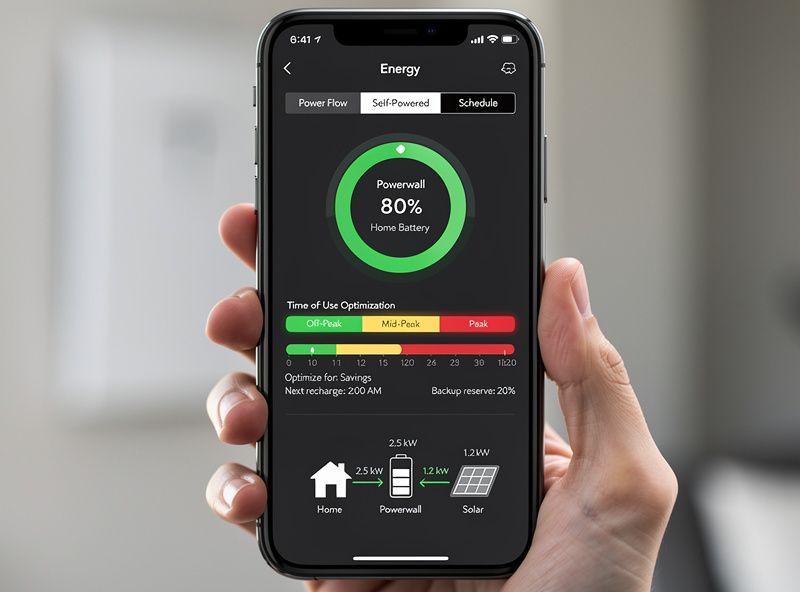 Tesla Powerwall smartphone app showing battery status and time-of-use optimization
