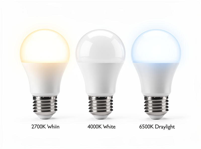 Three smart bulbs showing 2700K warm, 4000K neutral, and 6500K daylight color temperatures