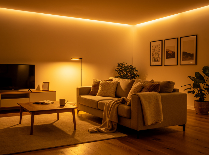 Living room with warm 2700K smart lighting creating cozy atmosphere