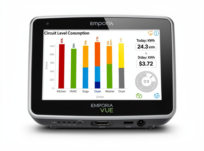Emporia Vue energy monitor display showing circuit-level consumption data with bar charts