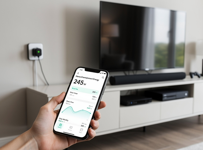 Smart plug with energy monitoring showing smartphone app displaying consumption data