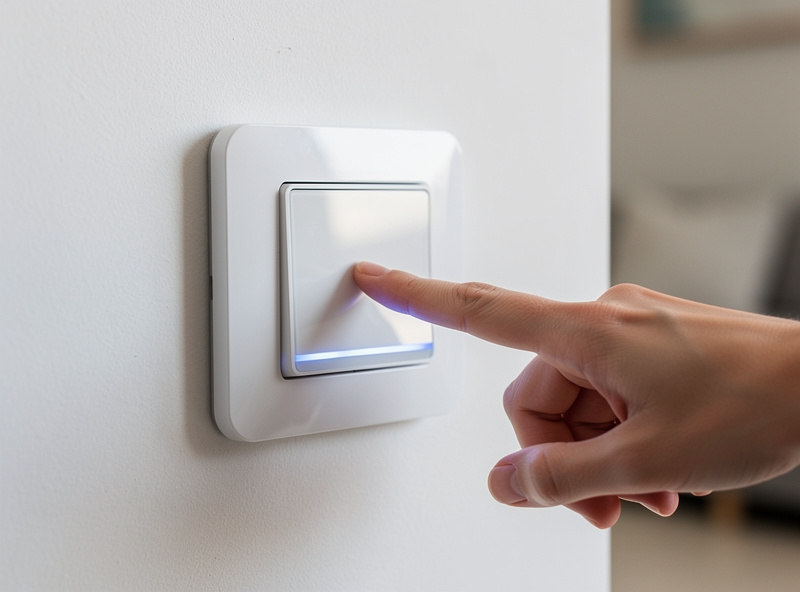 Smart dimmer switch installed on wall with LED indicator