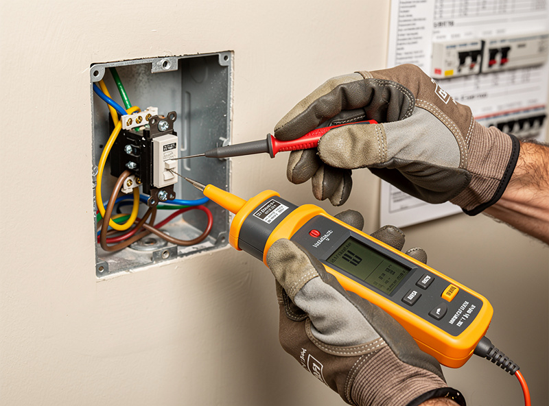 Using voltage tester to verify power is off before switch installation