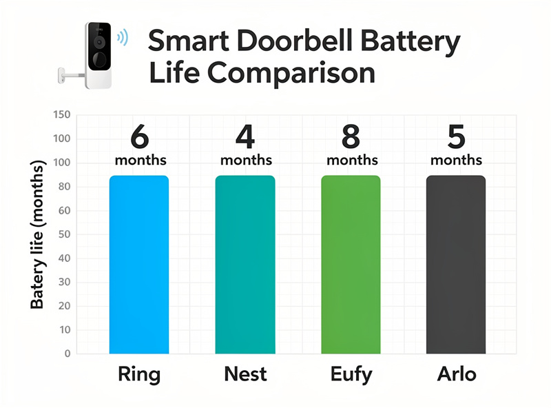 Smart doorbell battery life comparison chart showing Ring, Nest, Eufy, and Arlo battery duration
