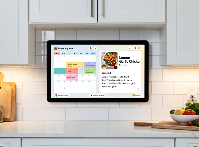 Echo Show 15 wall-mounted in landscape orientation in a modern kitchen showing the family dashboard view