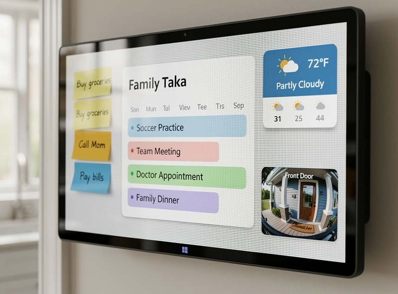 Close-up of Echo Show 15 dashboard showing family calendar, sticky notes, weather widget, and Ring doorbell live feed