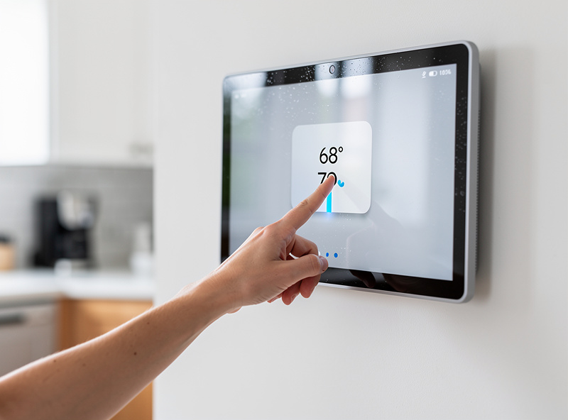 Person tapping interactively on the touchscreen of a wall-mounted Echo Show 15 to adjust a smart thermostat tile
