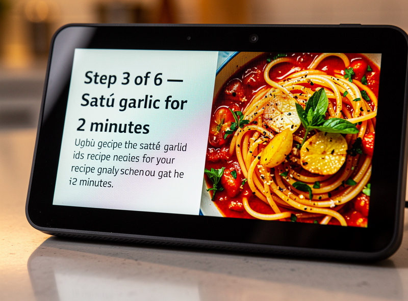 Close-up of Echo Show 8 displaying a recipe with 1280x800 HD clarity