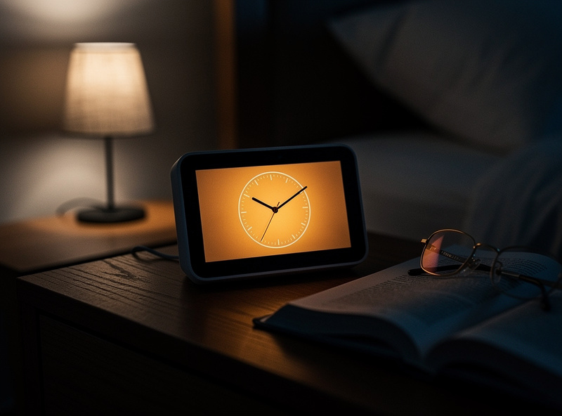 Echo Show 5 on a nightstand showing customized analog clock face at night with amber dimmed display