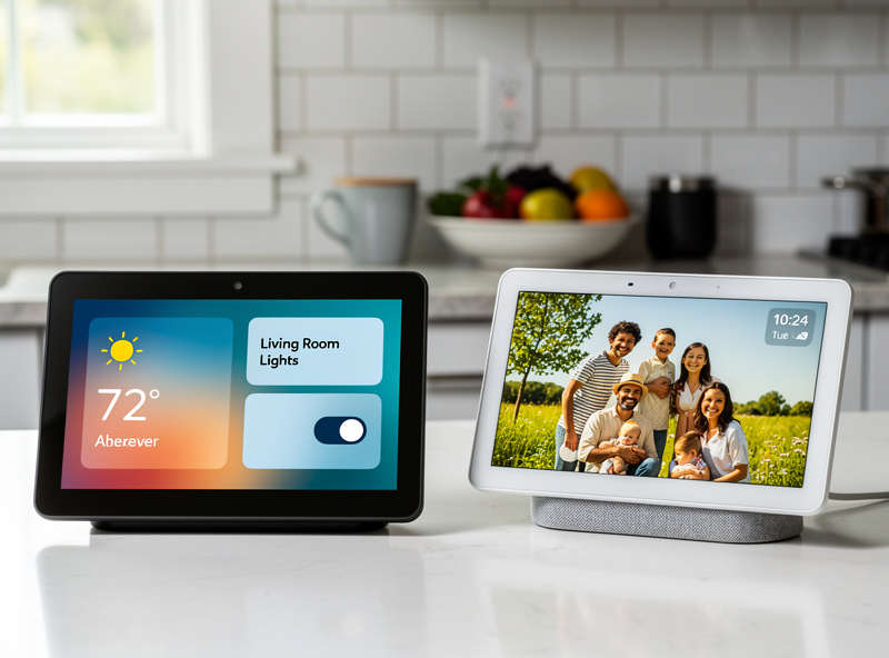 Echo Show 8 next to Google Nest Hub on a kitchen counter both displaying their respective home screens