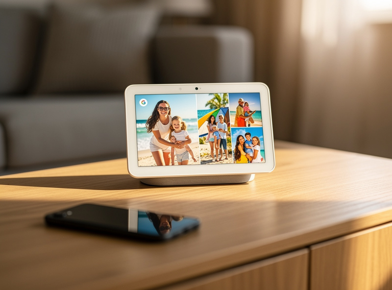 Google Nest Hub on a side table cycling through Google Photos memories with Pixel phone in foreground