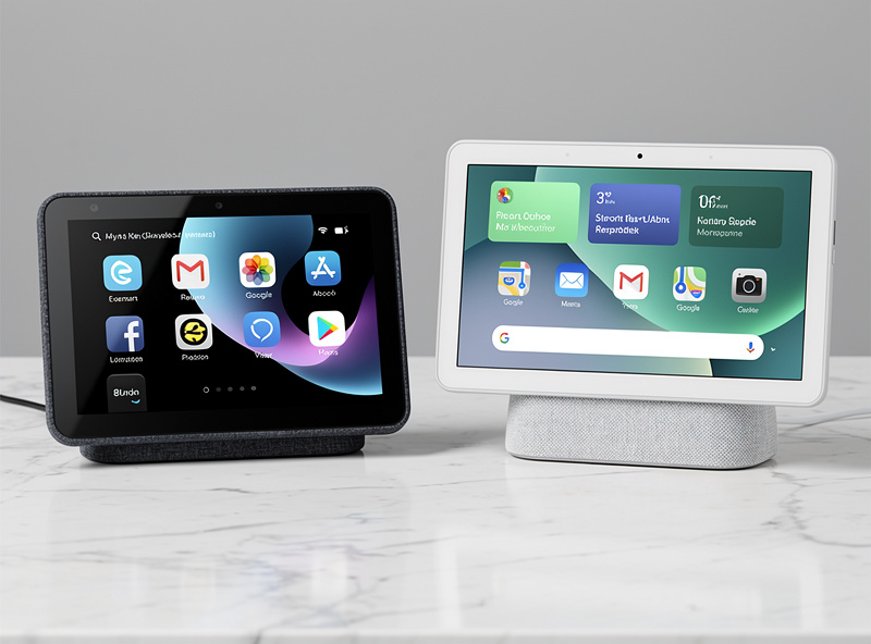 Side by side photograph of an Echo Show 8 and Google Nest Hub Max showing the difference in screen layout and home interface