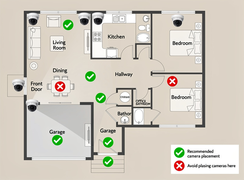 Strategic indoor security camera placement showing recommended and avoided locations in home floor plan