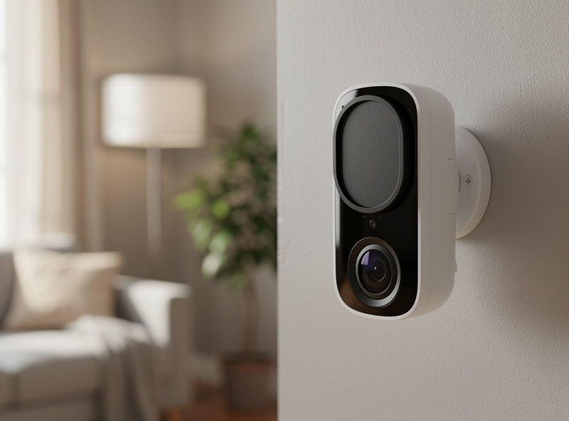 Indoor security camera with physical privacy shutter closed, protecting home privacy