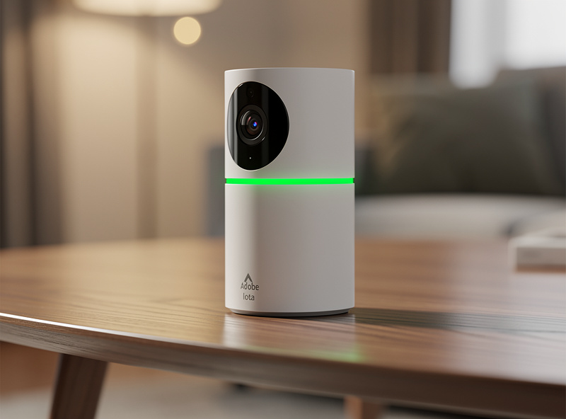 Abode Iota all-in-one security hub on a side table showing built-in 1080p camera and motion sensor