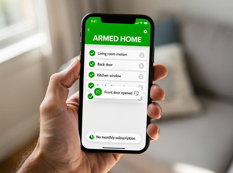 Phone showing security system app with armed status alerts and sensor list, no monthly subscription required