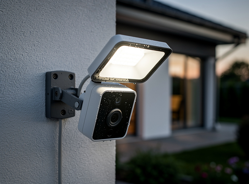 Smart security camera with integrated floodlight on house exterior