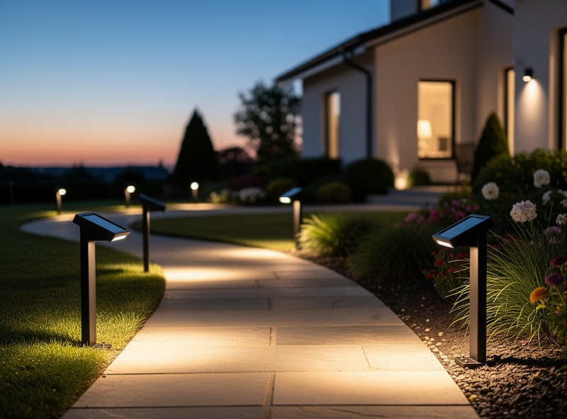 Solar smart pathway lights along garden walkway at dusk
