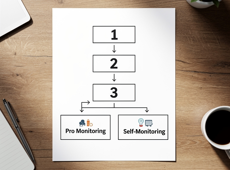 Decision flowchart for professional vs DIY home security monitoring with four key questions
