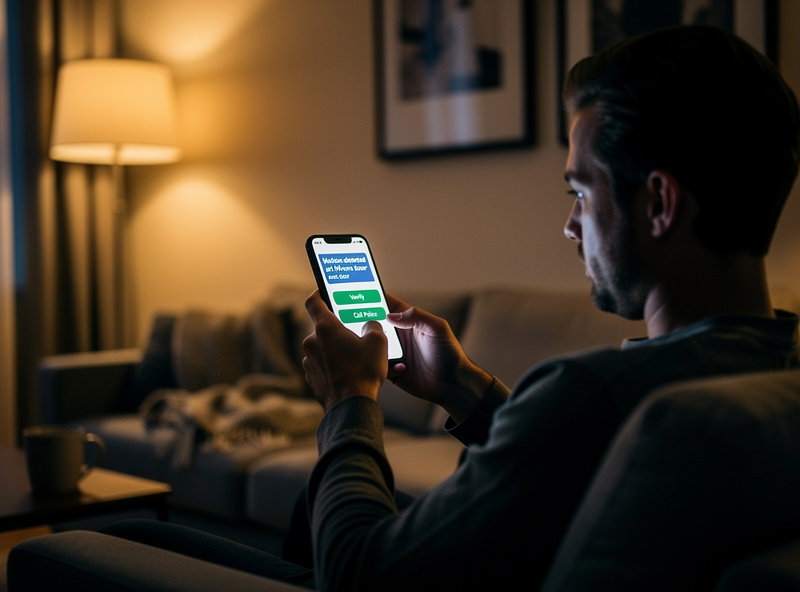 Person at home receiving a security alert on their phone and choosing to call police directly via self-monitoring