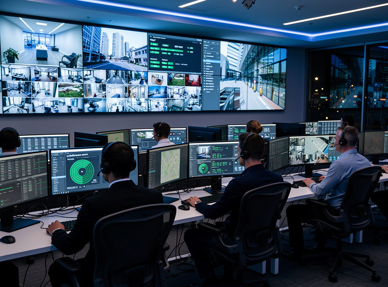 Professional monitoring center with operators at workstations responding to alarm signals 24/7