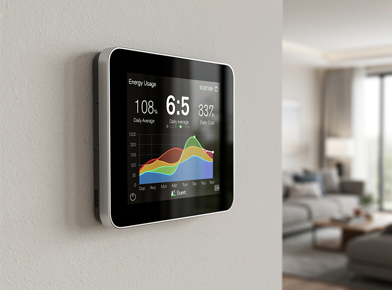 Smart thermostat displaying energy usage statistics and weekly consumption graph