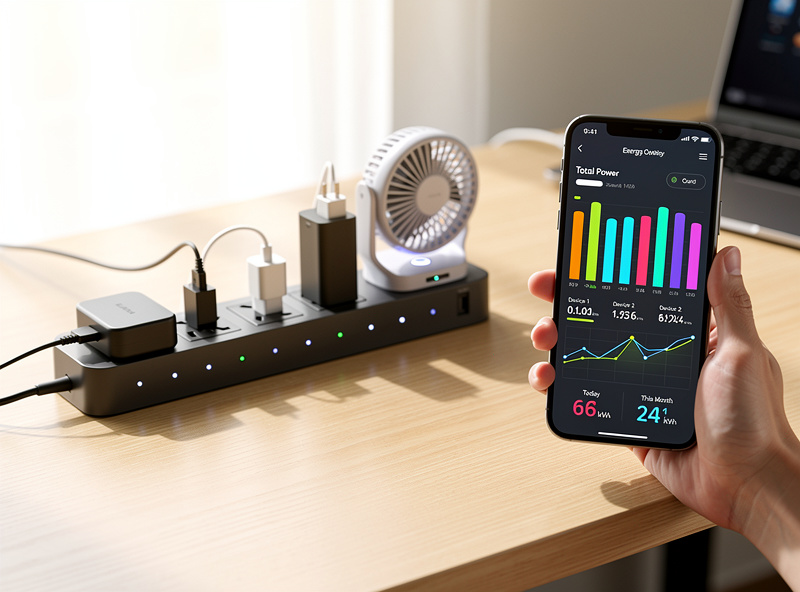 Smart power strip with multiple devices showing energy consumption on smartphone app