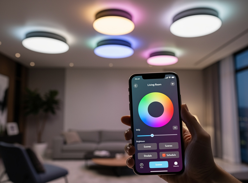 Smart LED light bulbs with smartphone showing lighting control app interface