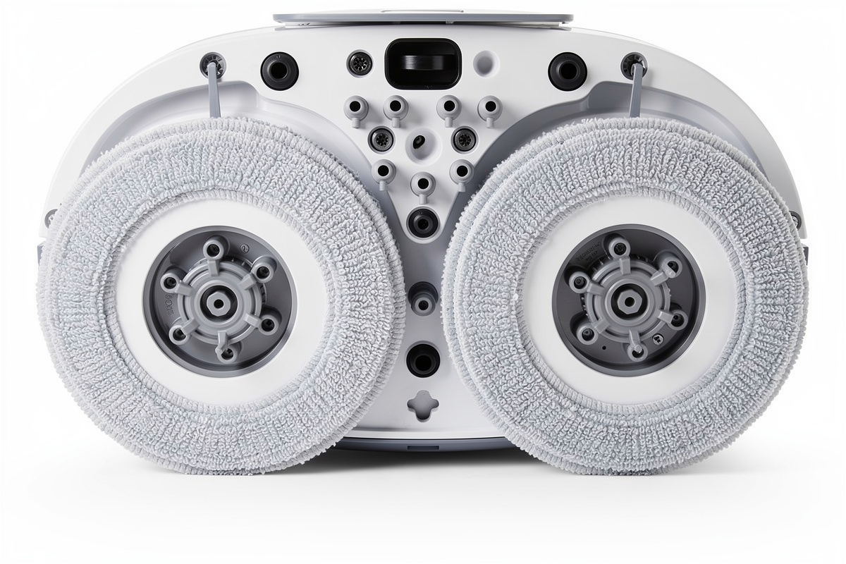 Close-up underside of robot mop showing dual spinning mop pads and water spray nozzles