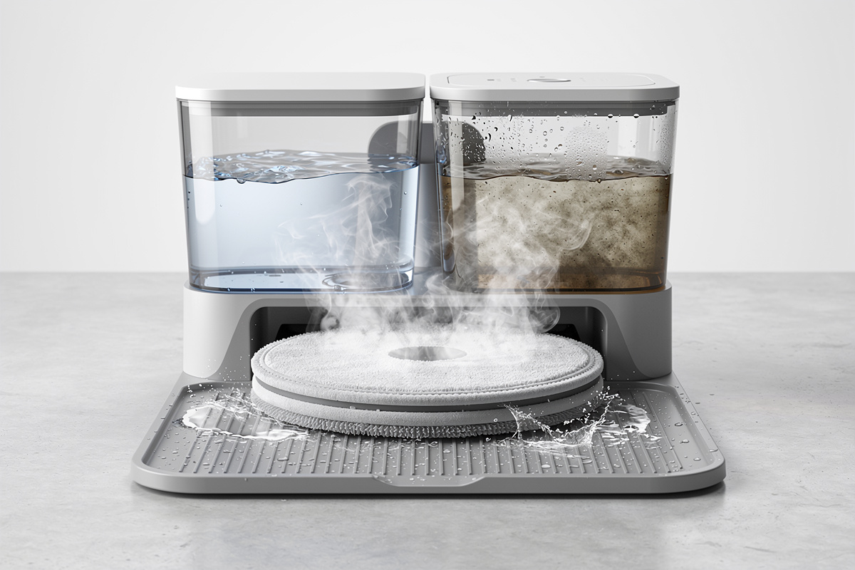 Robot mop self-cleaning dock station with water tanks and mop pad washing on textured plate