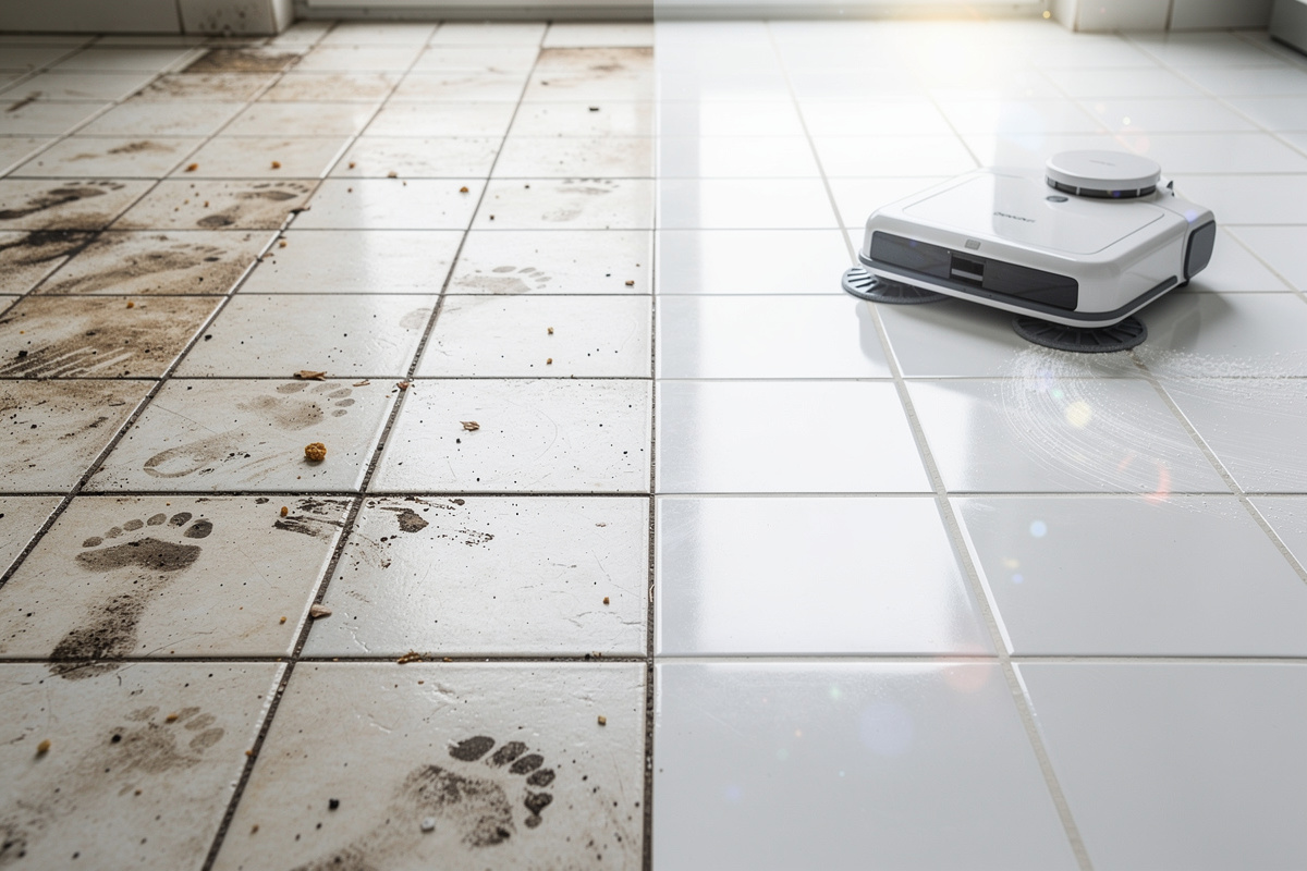 Kitchen tile floor showing clean results from robot mop with sparkling tile and clean grout