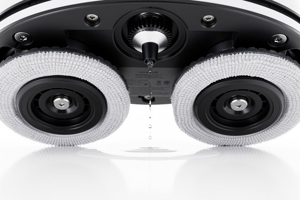 Close-up of robot vacuum mop dual rotating mop pads and water delivery nozzle on underside